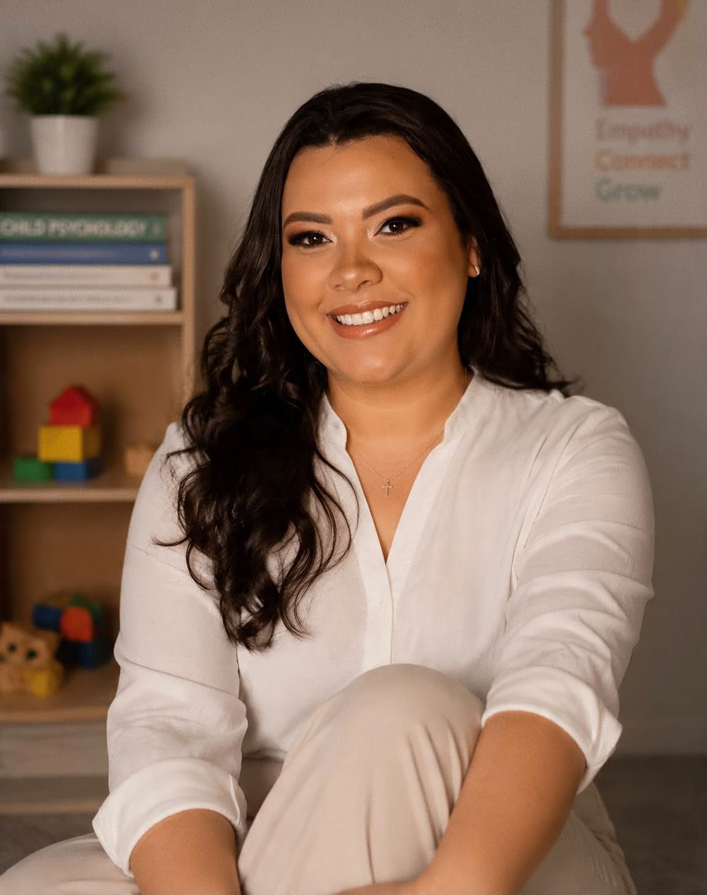 Thaís Fernandes no consultório, em frente a uma estante com livros e brinquedos